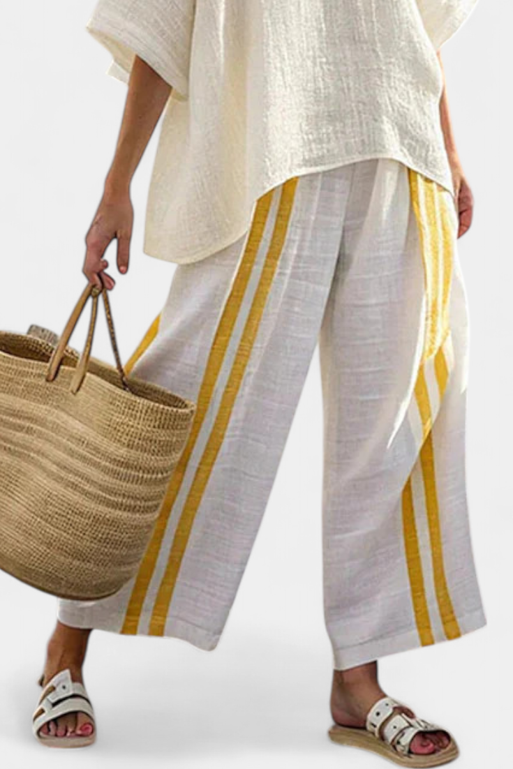 Anselor | Yellow Striped Linen Top & Wide-Leg Pants - view 3