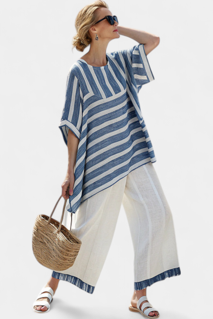 Corvielle | Blue Striped Top & Hem-Detailed Pants - view 4