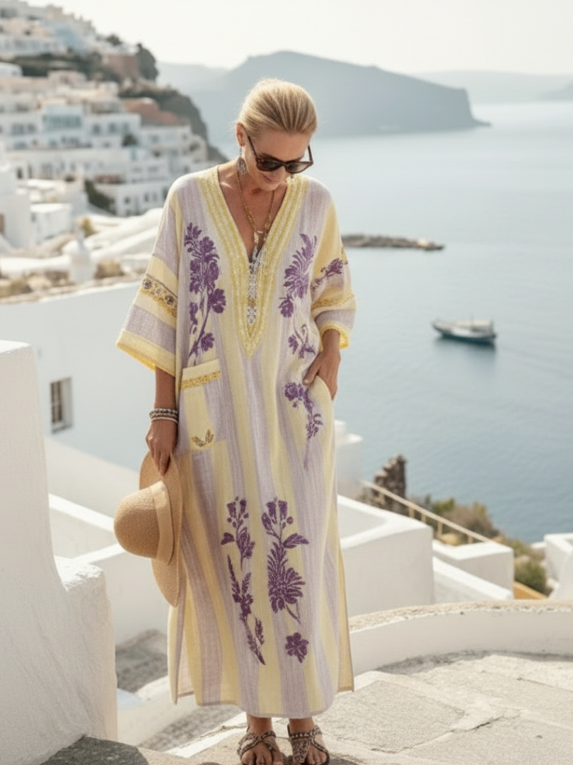 Aurelia | V Neck Half Sleeve Striped Floral Maxi Dress - view 4