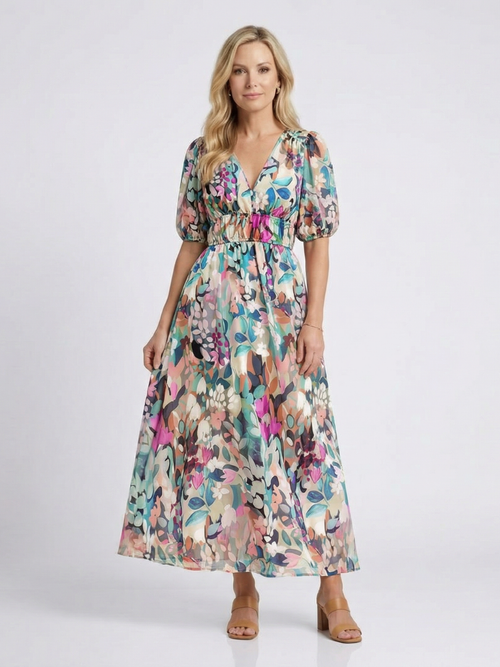 Eulalie | V Neck Short Sleeve Gathered Waist Midi Dress