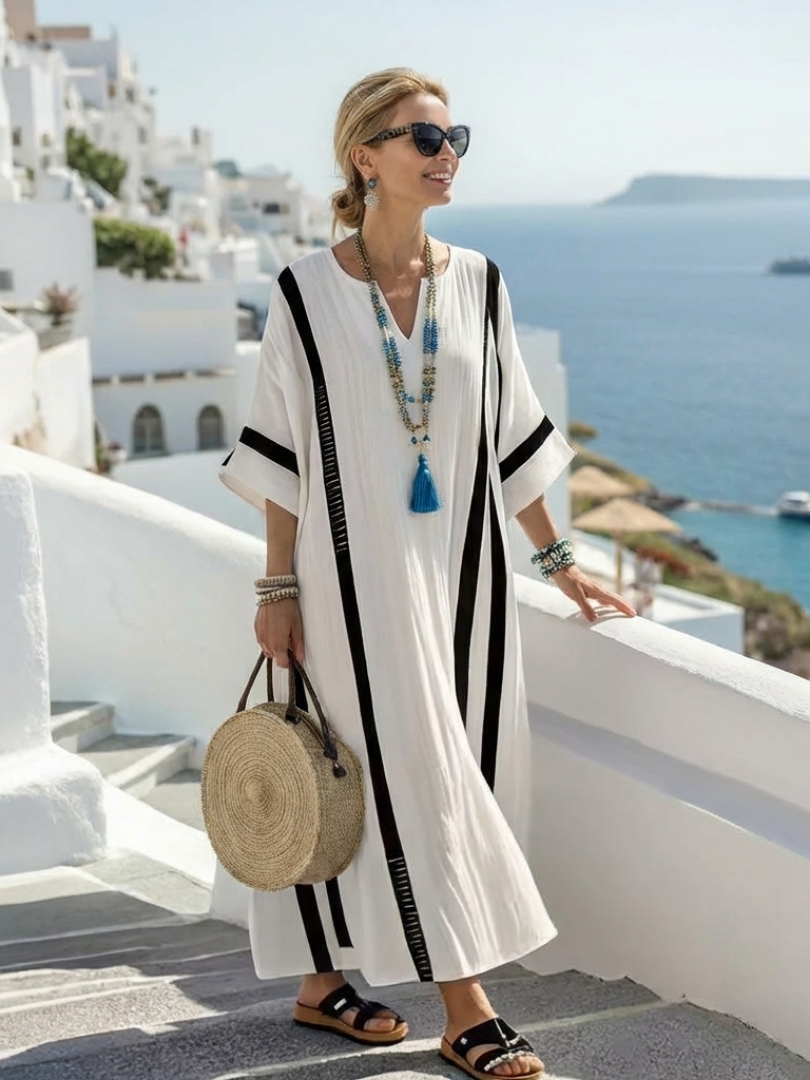Elvienne | Short Sleeve Color Block Striped Maxi Dress - view 2