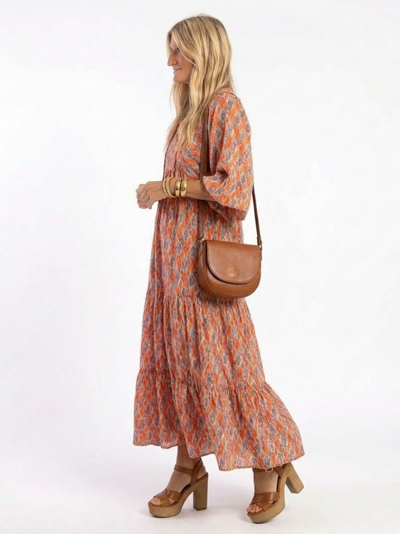 Amara | Geometric Print V Neck Tiered Midi Dress - view 2
