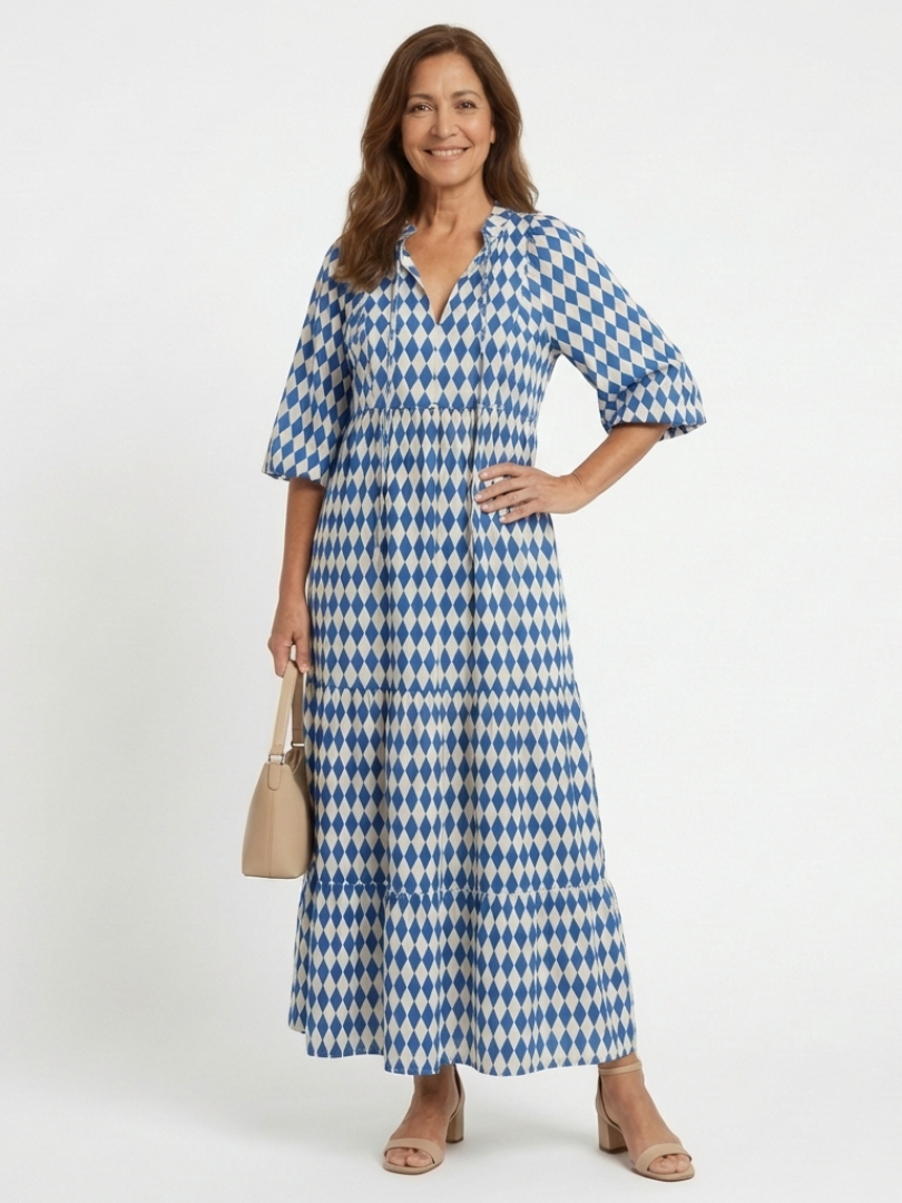 Elodie | Diamond Print Tiered Midi Dress - view 2