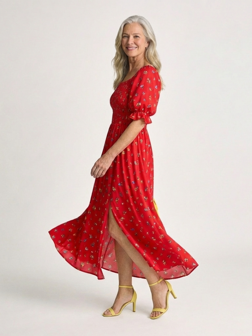 Delphine | Square Neck Floral Puff Sleeve Midi Dress - view 2