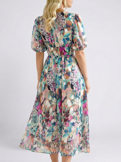 Eulalie | V Neck Short Sleeve Gathered Waist Midi Dress - view 2