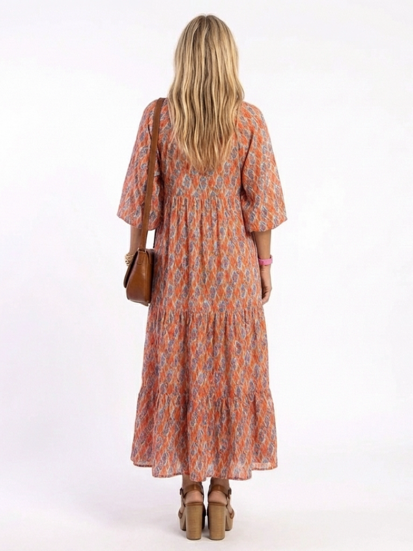 Amara | Geometric Print V Neck Tiered Midi Dress - view 4