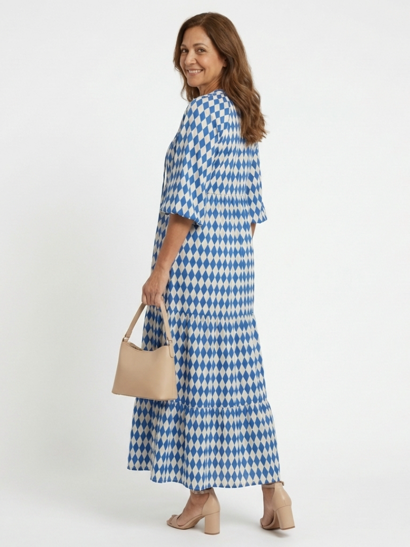 Elodie | Diamond Print Tiered Midi Dress - view 4