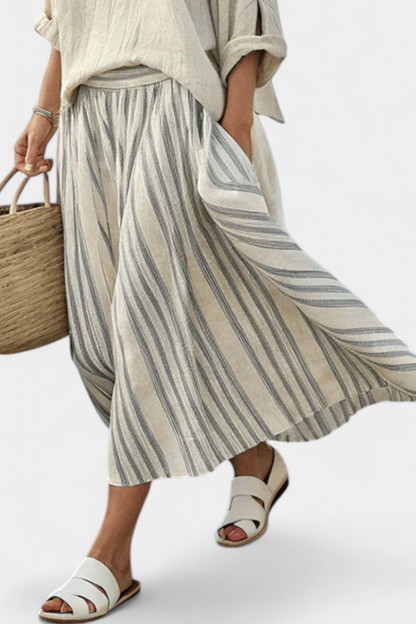 Aurcyn | Comfortable Loose Blouse & Striped Midi Skirt - view 3