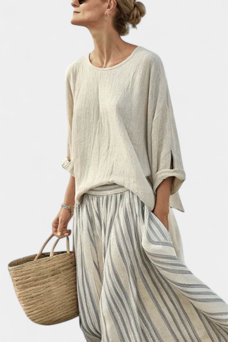 Aurcyn | Comfortable Loose Blouse & Striped Midi Skirt - view 2