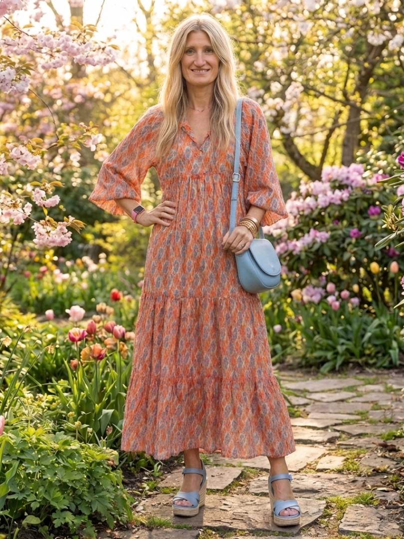 Amara | Geometric Print V Neck Tiered Midi Dress - view 6