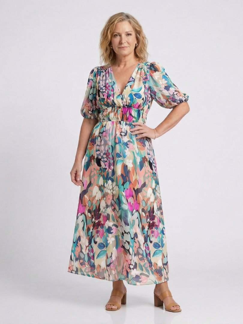 Eulalie | V Neck Short Sleeve Gathered Waist Midi Dress - view 3