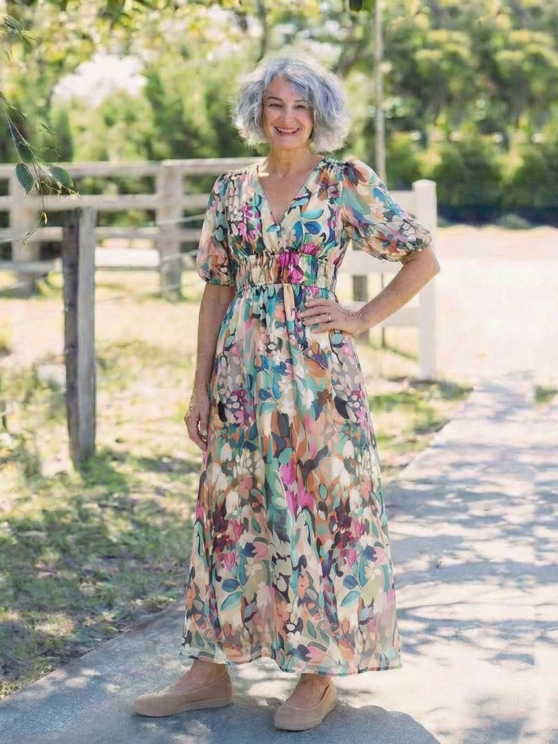 Eulalie | V Neck Short Sleeve Gathered Waist Midi Dress - view 4