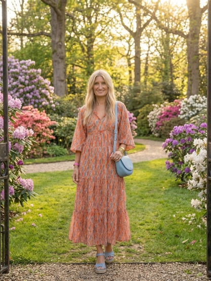 Amara | Geometric Print V Neck Tiered Midi Dress - view 7