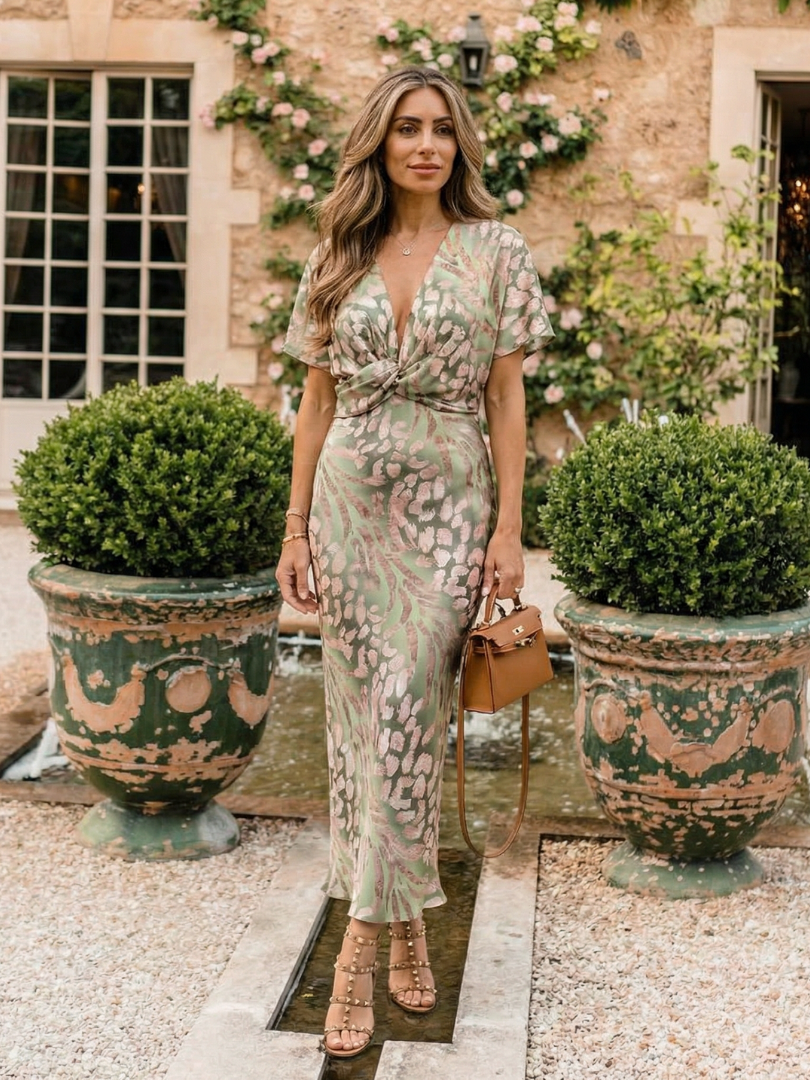 Coralie | Abstract Print V Neck Twist Waist Midi Dress - view 5