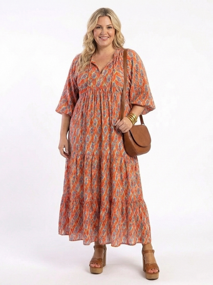 Amara | Geometric Print V Neck Tiered Midi Dress - view 5