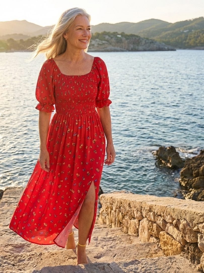 Delphine | Square Neck Floral Puff Sleeve Midi Dress - view 7