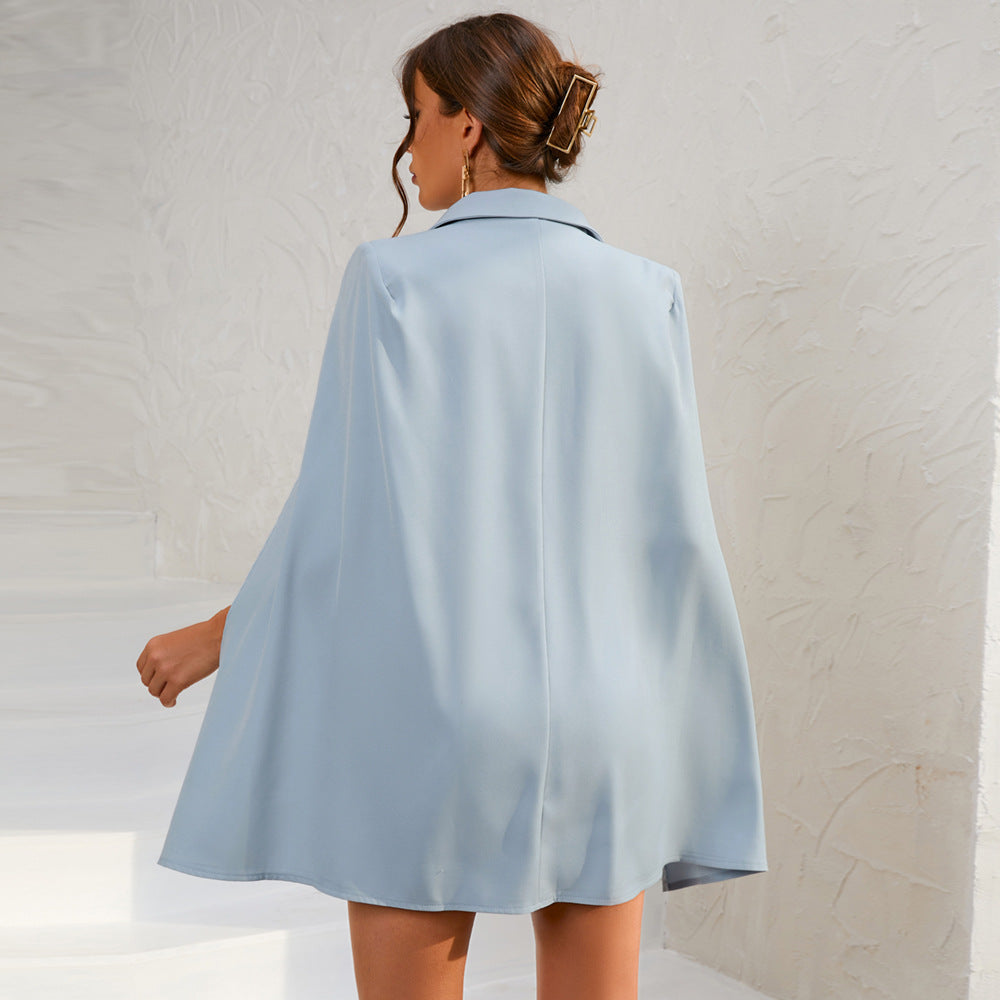 Cape Blazer Mini Dress with Belt and Gold Button Detail - view 16