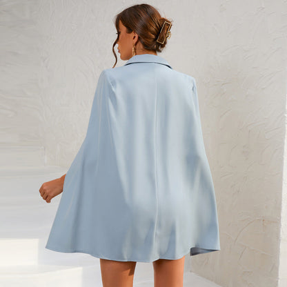 Cape Blazer Mini Dress with Belt and Gold Button Detail - view 16