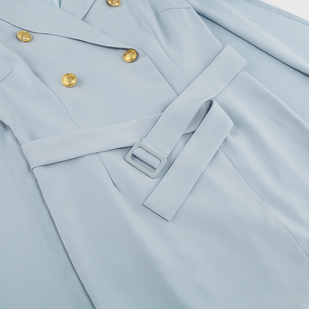 Cape Blazer Mini Dress with Belt and Gold Button Detail - view 19
