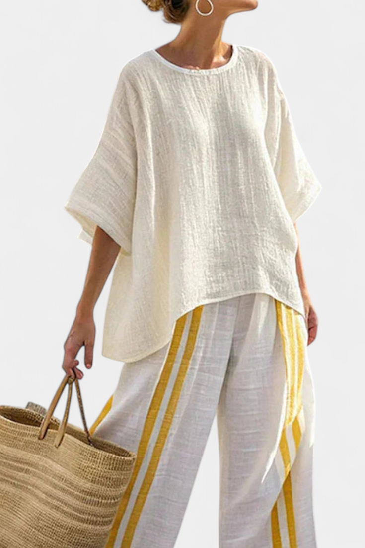 Anselor | Yellow Striped Linen Top & Wide-Leg Pants - view 2