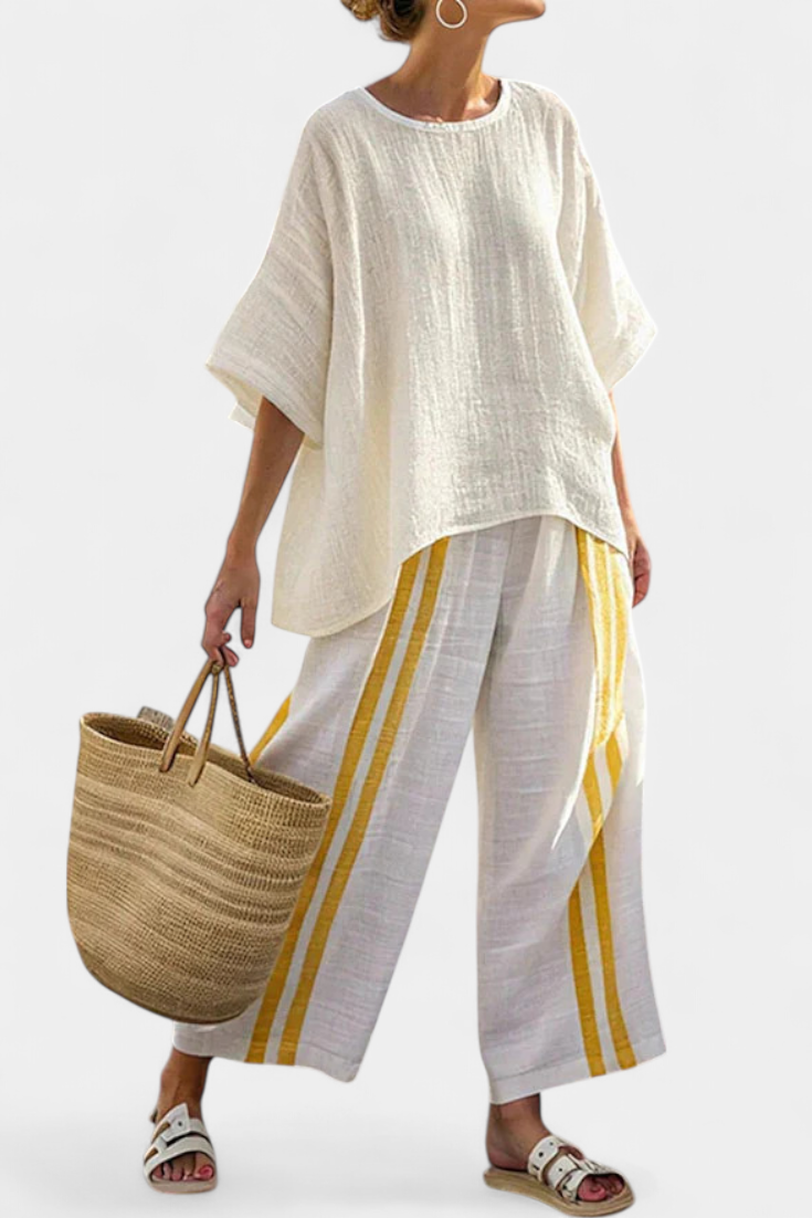 Anselor | Yellow Striped Linen Top & Wide-Leg Pants
