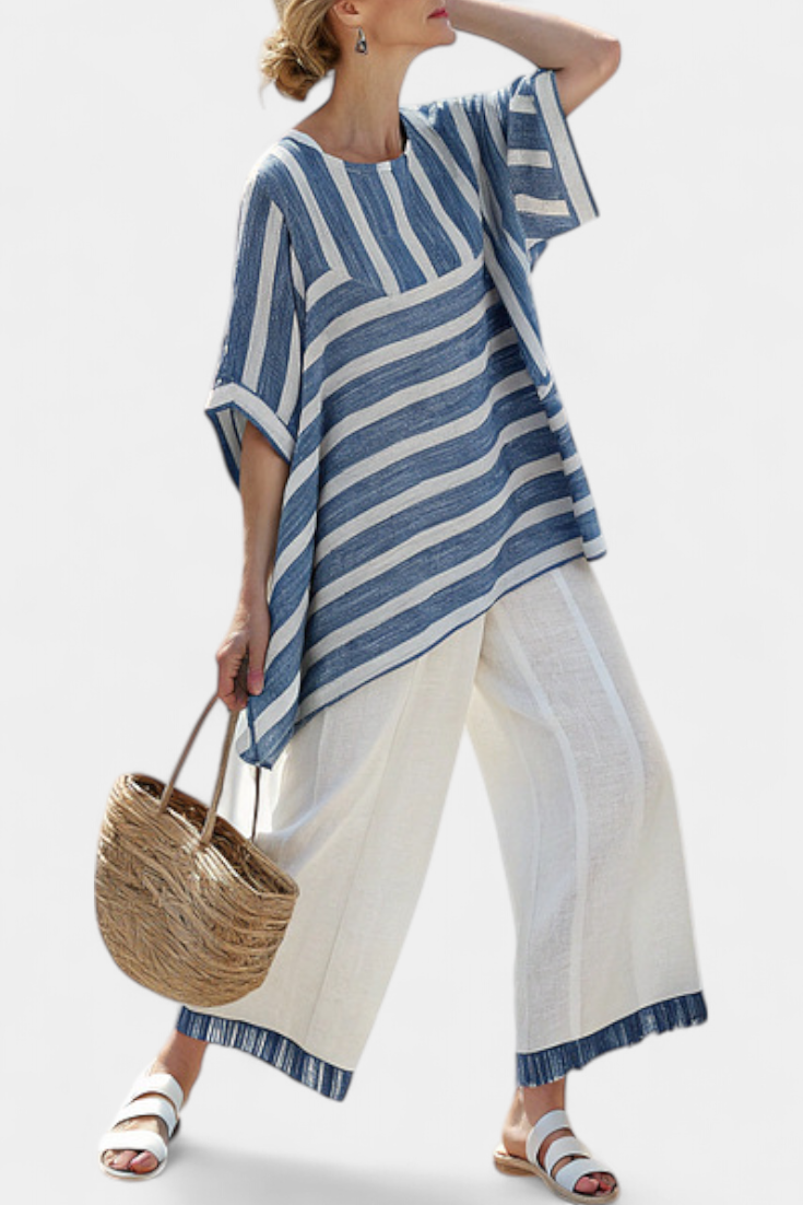 Corvielle | Blue Striped Top & Hem-Detailed Pants