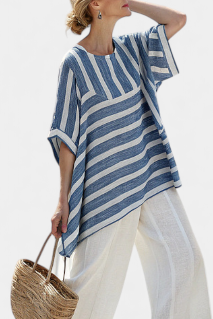 Corvielle | Blue Striped Top & Hem-Detailed Pants - view 2