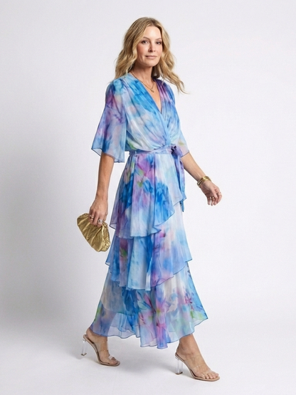 Calista | Sheer Layered V Neck Tie Waist Maxi Dress - view 2