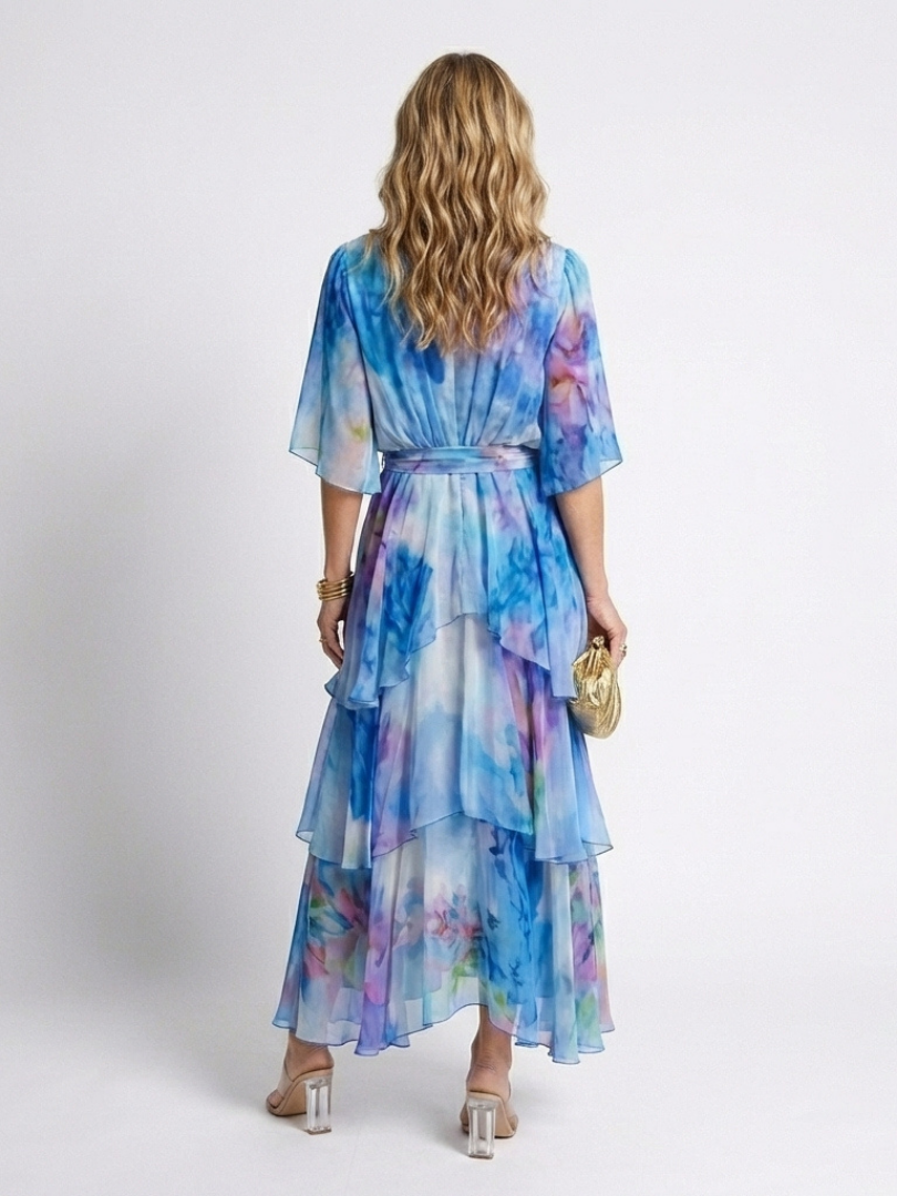 Calista | Sheer Layered V Neck Tie Waist Maxi Dress - view 3