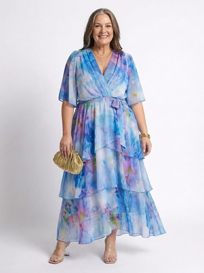 Calista | Sheer Layered V Neck Tie Waist Maxi Dress - view 4