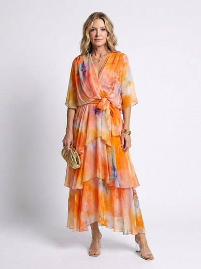 Calista | Sheer Layered V Neck Tie Waist Maxi Dress - view 9