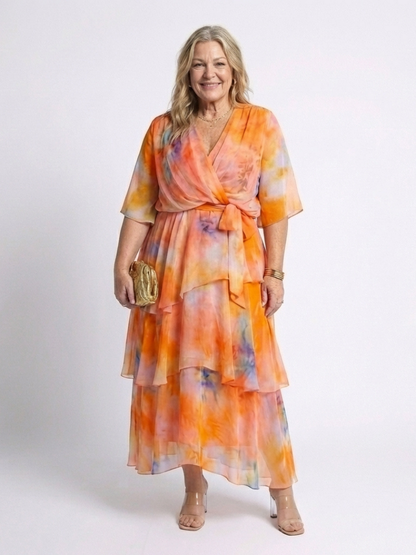 Calista | Sheer Layered V Neck Tie Waist Maxi Dress - view 6