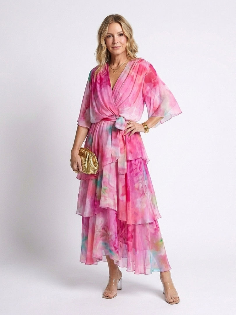 Calista | Sheer Layered V Neck Tie Waist Maxi Dress - view 8