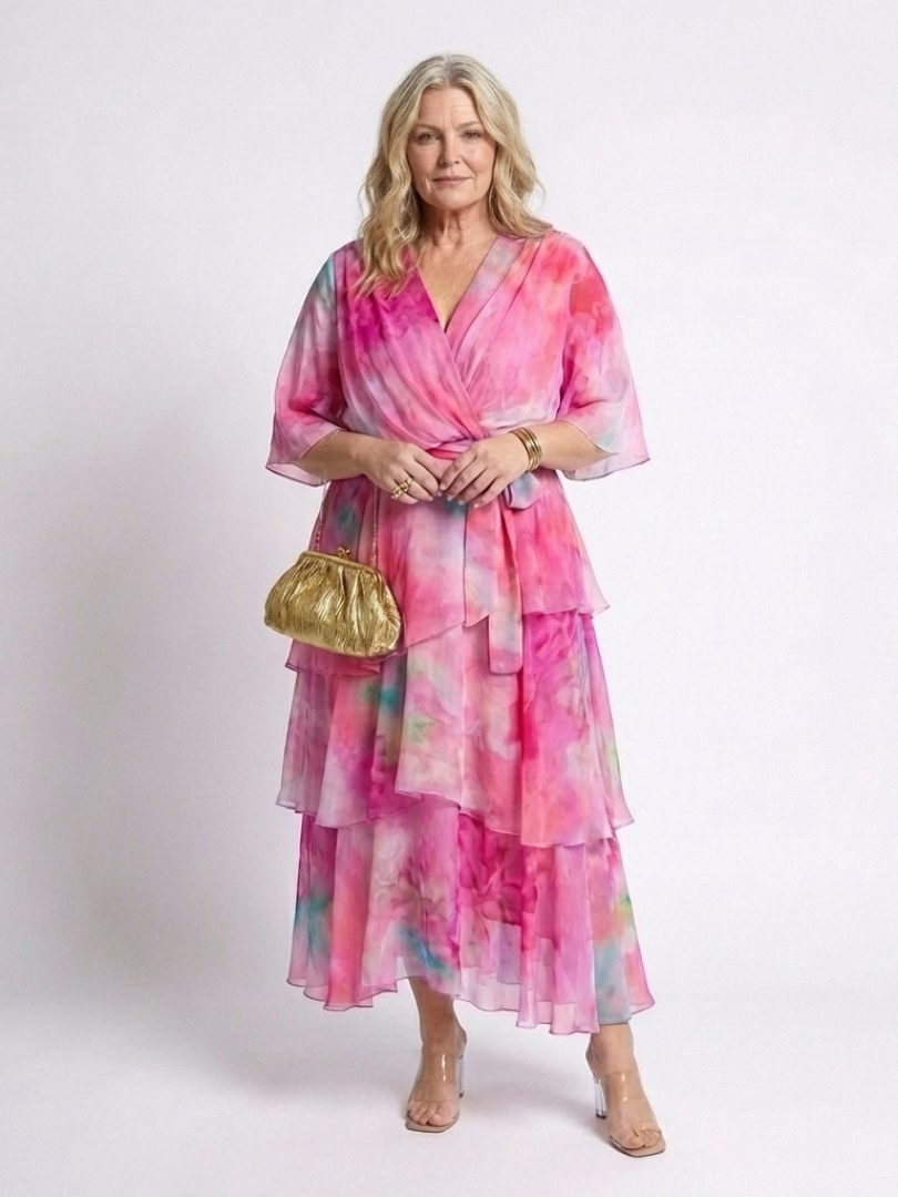 Calista | Sheer Layered V Neck Tie Waist Maxi Dress - view 5