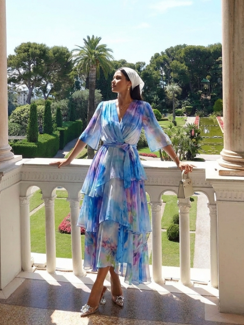 Calista | Sheer Layered V Neck Tie Waist Maxi Dress - view 7