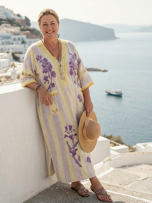 Aurelia | V Neck Half Sleeve Striped Floral Maxi Dress