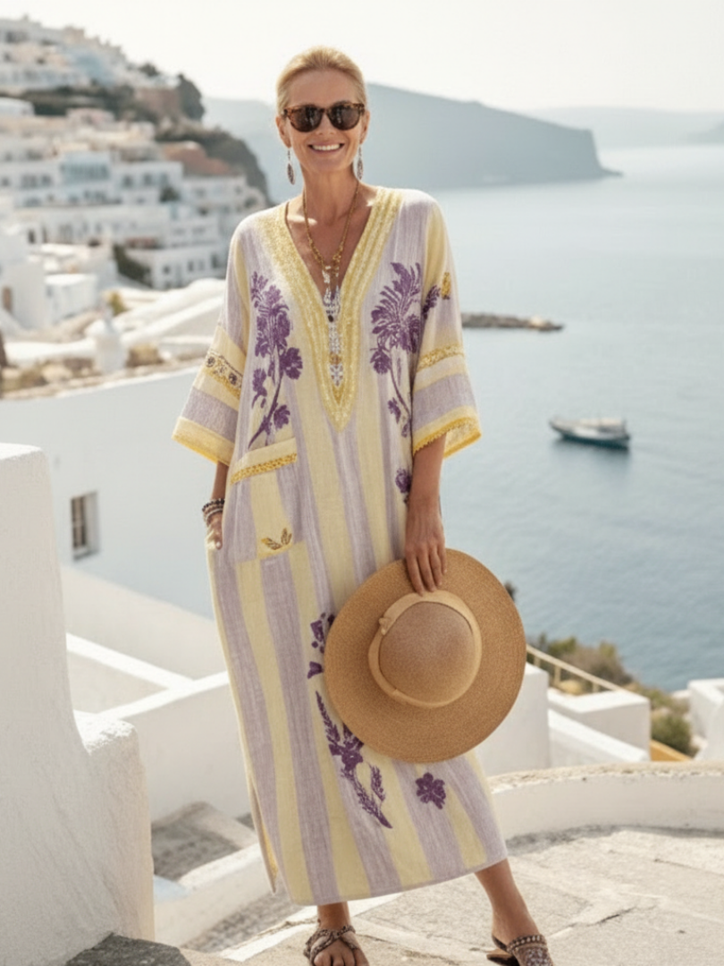 Aurelia | V Neck Half Sleeve Striped Floral Maxi Dress - view 3