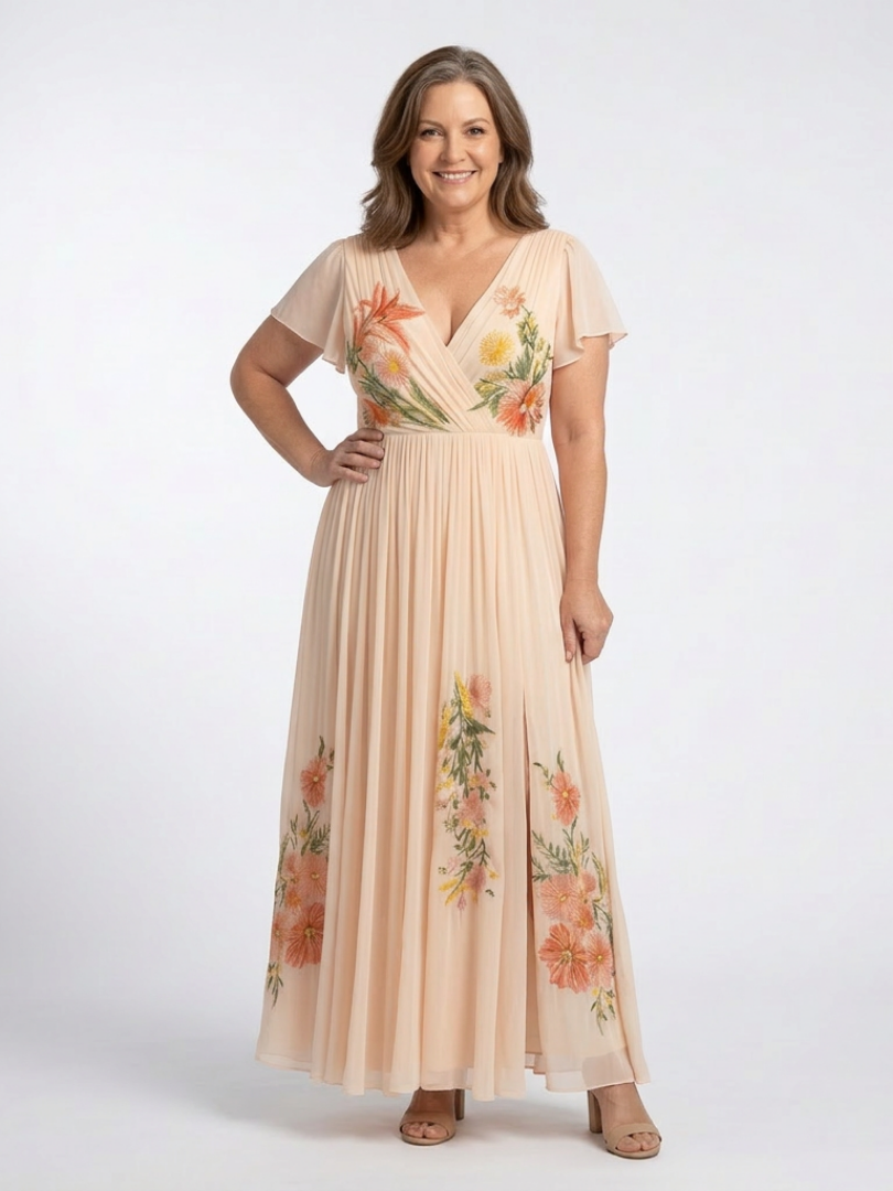 Calista | V Neck Short Sleeve Pleated Floral Maxi Dress - view 3