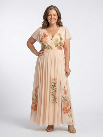 Calista | V Neck Short Sleeve Pleated Floral Maxi Dress - view 3