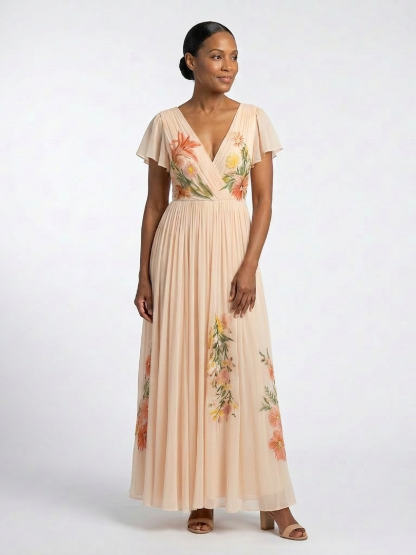 Calista | V Neck Short Sleeve Pleated Floral Maxi Dress - view 2