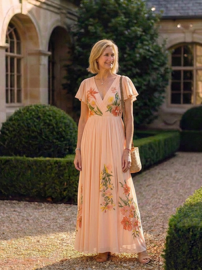 Calista | V Neck Short Sleeve Pleated Floral Maxi Dress - view 4