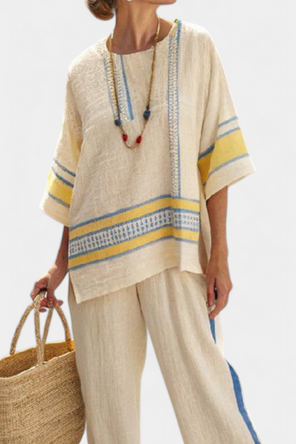 Jaxmere | Comfortable Blue-Yellow Mediterranean Top & Linen Pants - view 2