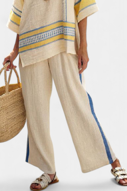 Jaxmere | Comfortable Blue-Yellow Mediterranean Top & Linen Pants - view 3